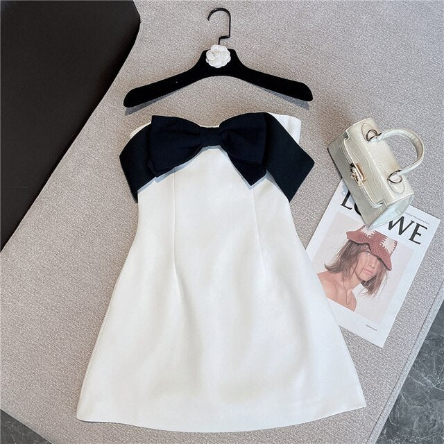 White Strapless Black Bow Dress