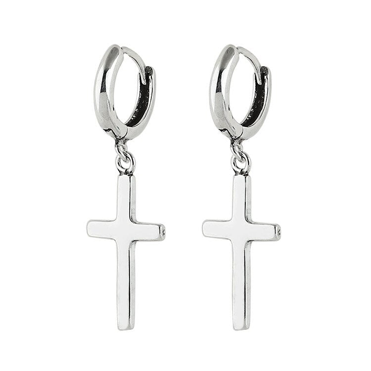 Sterling Silver Cross Hoop Dangle Earrings