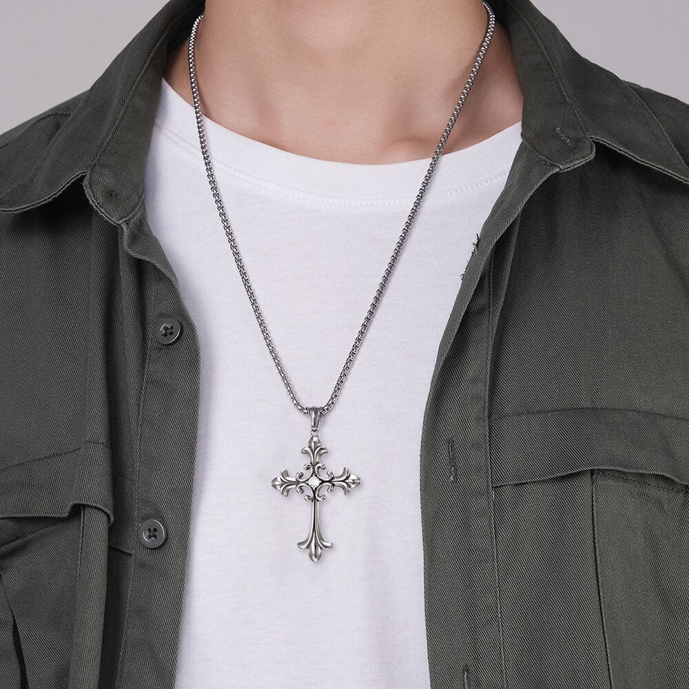 Stainless Steel Cubic Zirconia Cross Necklace