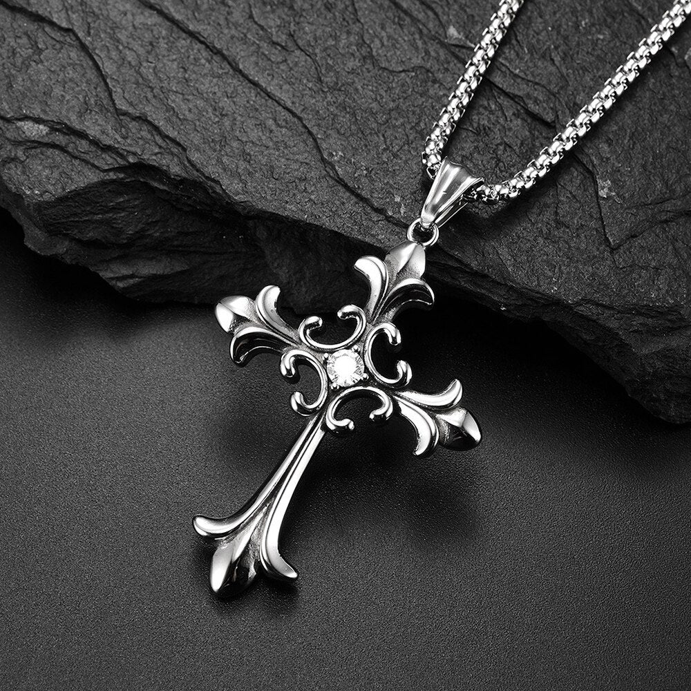 Stainless Steel Cubic Zirconia Cross Necklace