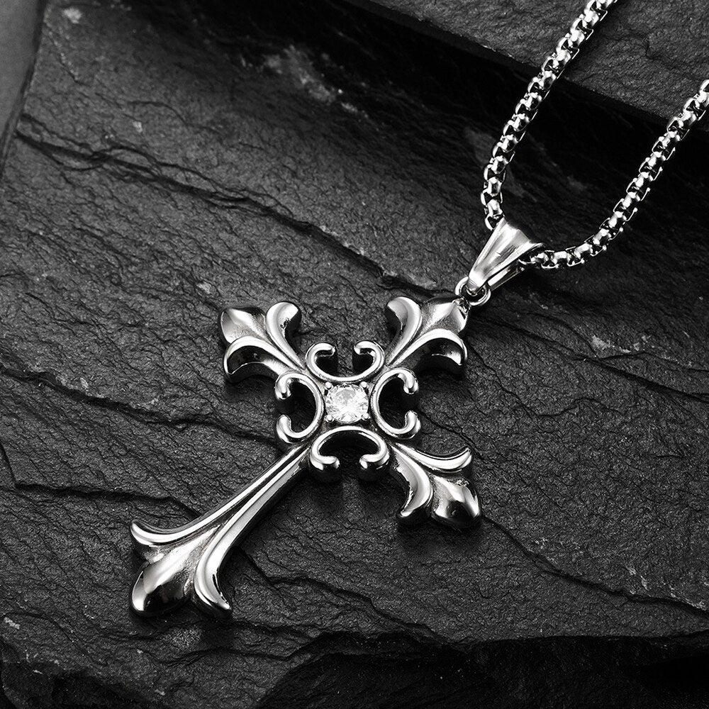 Stainless Steel Cubic Zirconia Cross Necklace