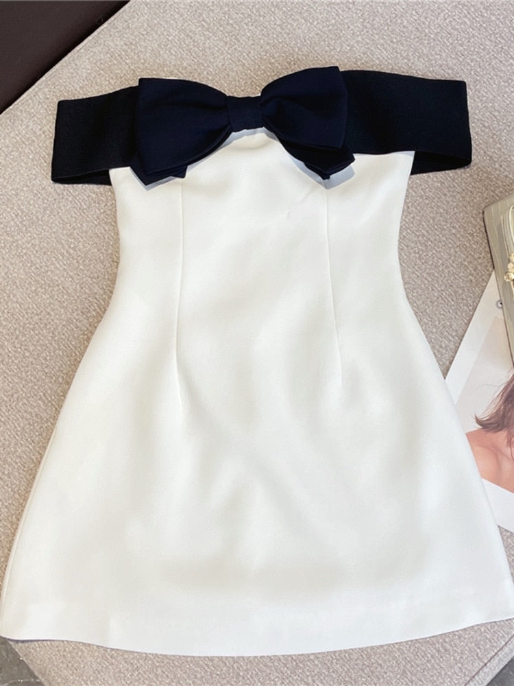 White Strapless Black Bow Dress