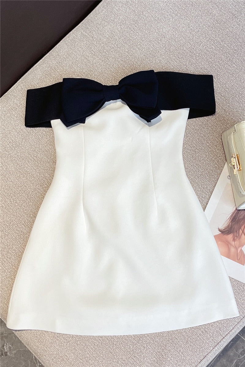 White Strapless Black Bow Dress