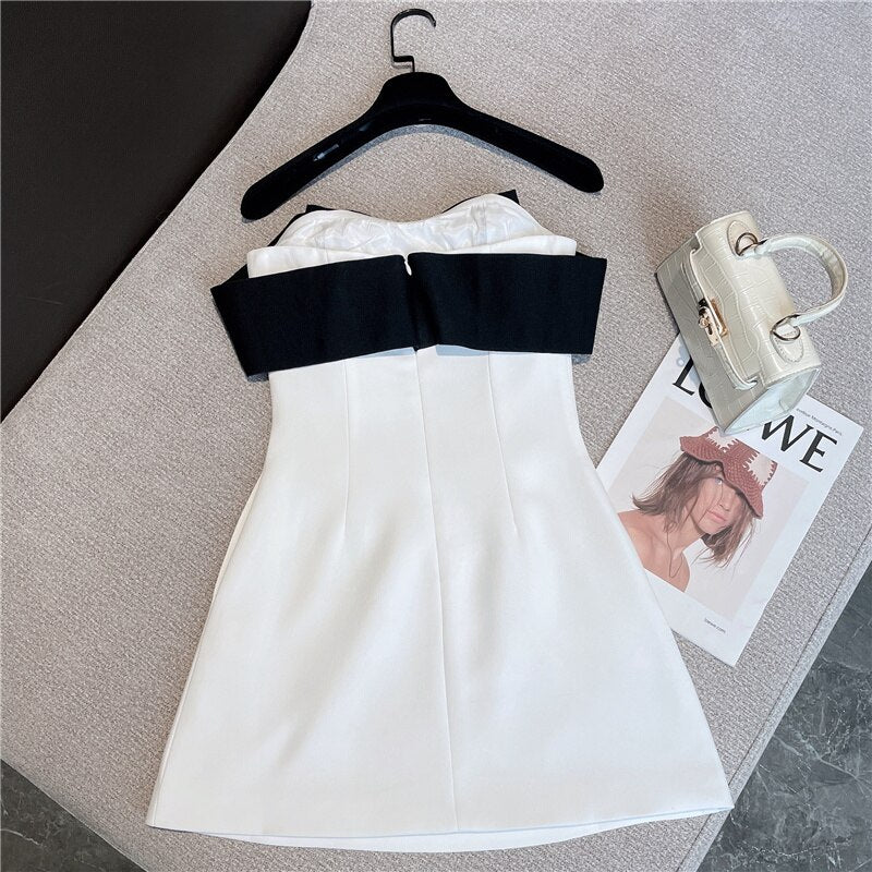 White Strapless Black Bow Dress