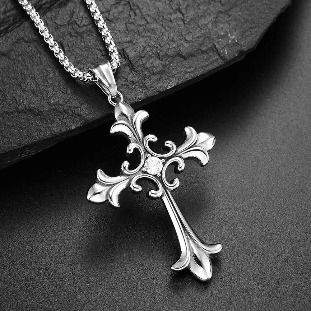 Stainless Steel Cubic Zirconia Cross Necklace