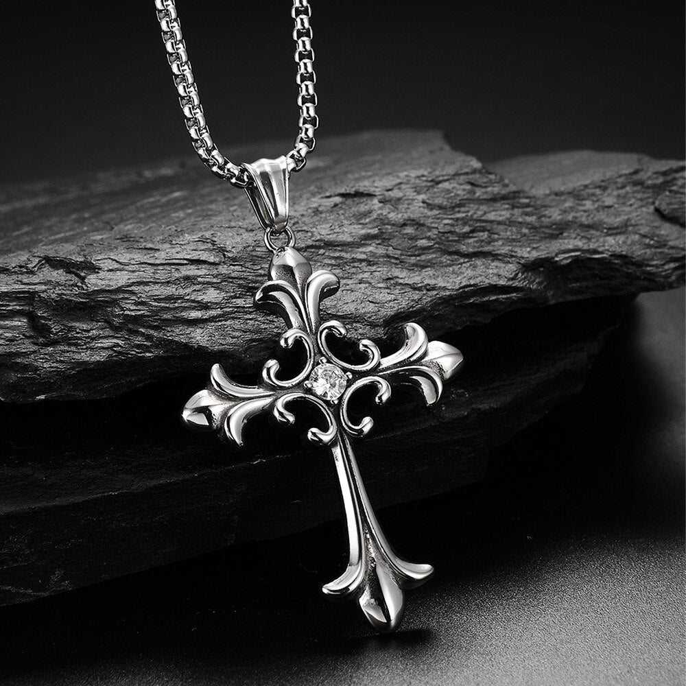 Stainless Steel Cubic Zirconia Cross Necklace